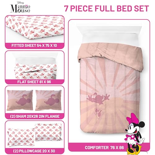 Image of Disney Minnie Mouse Full Comforter Set 7 Piece Bedding for Girls, Pink | Bed in a Bag, Comforter Sheets Shams Pillowcases, Official Product, Soft Microfiber, Machine Washable, Girls Gift