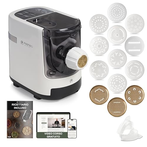PASTAIO Máquina para hacer pasta, 14 cortadores de pasta, 3 de los cuales de bronce para 19 tipos de pasta. Máquina para hacer pasta, produce hasta 850 g de pasta, pesaje automático, programas