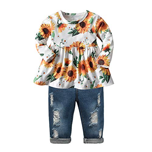 Girls Clothes Outfits Toddler Infant Baby Girl Long Sleeve Floral Ruffle Tops Ripped Jeans Pants Sets (2-3T) Yellow