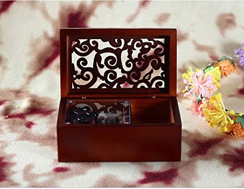 Miniatura 2 de WALFRONT Caja musical de madera con manivela grabada antigua de 18 notas con movimiento chapado en plata caja de regalo musical movimiento