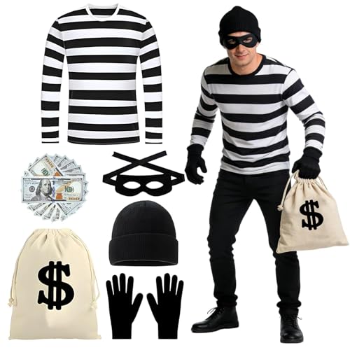 TOYTOPIE Conjunto de disfarce de ladrão de 6 peças para homem, conjunto de disfarce de ladrão adulto, disfarce de ladrão inclui t-shirt às riscas brancas e pretas para carnaval cosplay