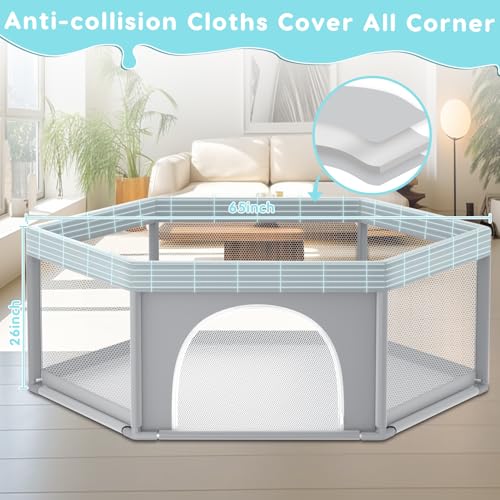 Image of Fshibila 65 inch x65 inch Hexagonal Baby Playpen, Baby Playard for Babies and Toddlers, BabyFence Play Pens for Indoor & Outdoor, Sturdy Safety Play Yard with Soft Breathable Mesh, Anti-Fall, Grey
