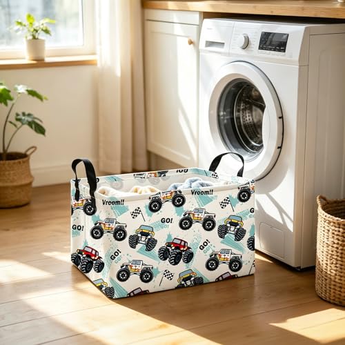 Image of Rectangular Monster Truck Storage Basket | Fabric Organizer Bin for Books,Clothes,Gifts,Pets-Perfect for Home,Office,Nursery,Dorm,Shelf(Rec-Truck )