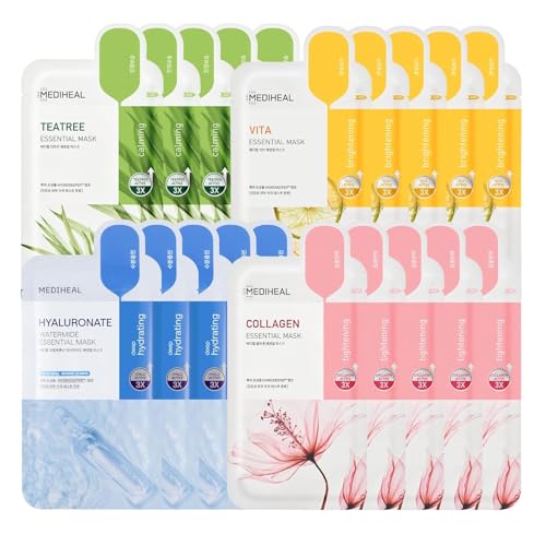 Mediheal Sheet Mask Essential HERO 20 Pack (Collagen, Tea Tree, Vita, Hyaluronate)| Korean Skincare...