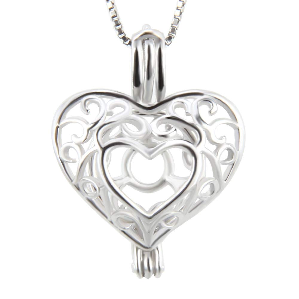Sterling Silver Heart Pattern Pearl Cage Pendants for Women, Design Pearl Cage Pendants for Pearl Jewelry Making, Essential Oil Diffuser Lockets for Pearl Jewelry