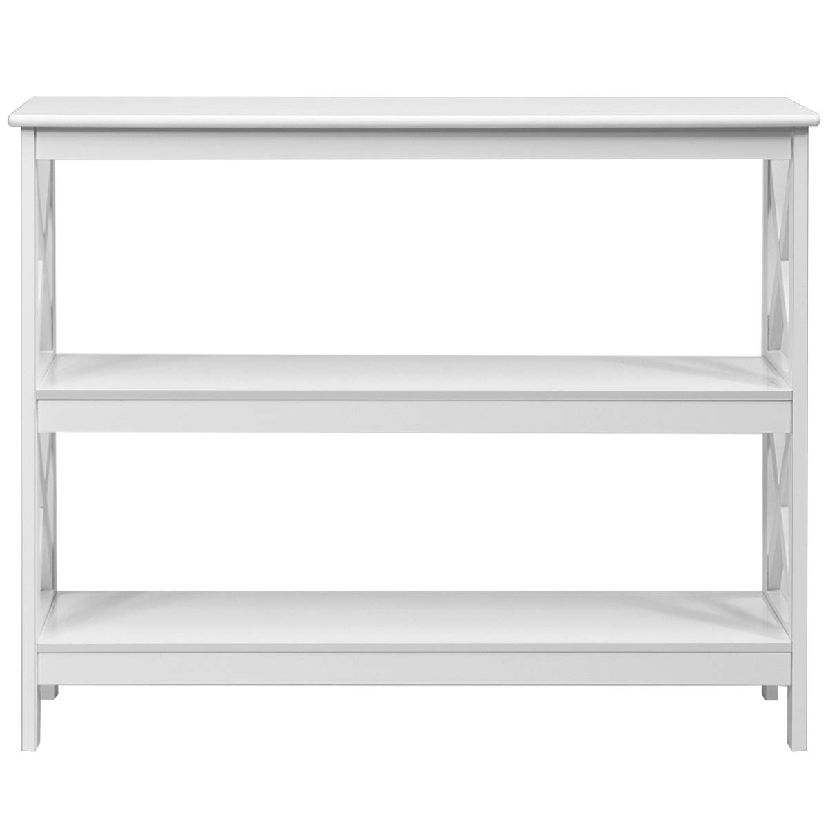 GOPLUS Consola de 3 Pisos, Mesa Estrecha de Pasillo, Mesa Auxiliar de Madera, Estable con Barra de Apoyo Lateral en Forma de X, Estilo rústico, barnizada y fácil de Limpiar, para Pasillo, salón