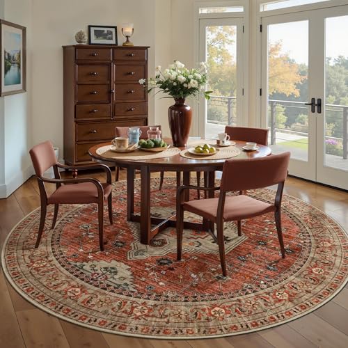 Image of Tangsoo Washable Round Area Rugs 5ft, Boho Non Slip Circle Rug Low Pile