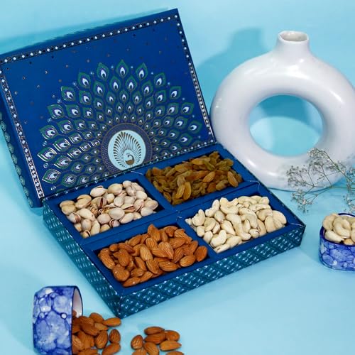 Image of Riwaz Prime Morpankh Peacock Designer Dry Fruit Gift Box | Premium Almonds, Cashews, Raisins & Pistachio | Luxury Festive Hamper for Diwali, Wedding & Corporate Gifting