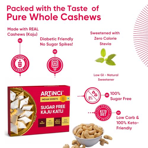 Image of Artinci Sugar Free Kaju Katli 160gm | Made with Pure Cashew Nuts | No Maltitol | Low Carb, Keto-Friendly Mithai, Vegan, Diabetic-Friendly healthy Indian Sweets, Holi Gifting