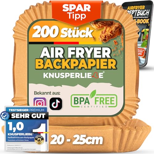 KNUSPERLIEBE® Backpapier für Heißluftfritteuse XXL 20-25cm 5-7,5 L, 200 Stück Airfryer Liner, Ölbeständig Antihaft Einwegschalen Pergamentpapier Für: Philips,COSORI