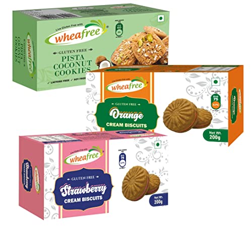 Image of Wheafree Gluten Free Biscuit Combo Pista Coconut, Strawberry Cream, Orange Cream (Pack of 3 x 200g each) | Tasty Crunchy and Creamy Biscuits | Best Tea Time Snacks