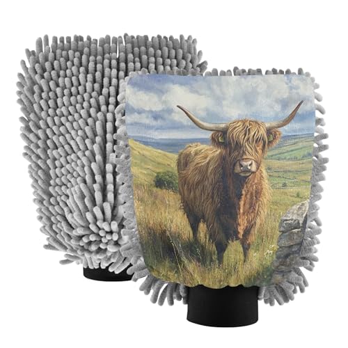 Flradish 2 Pack Highland Cow Car Wash Mitt Chenille Microfiber Lint-Free Scratch Free Ultra-Soft Absorbent Car Wash Mitt 11.8x8.07 Inch