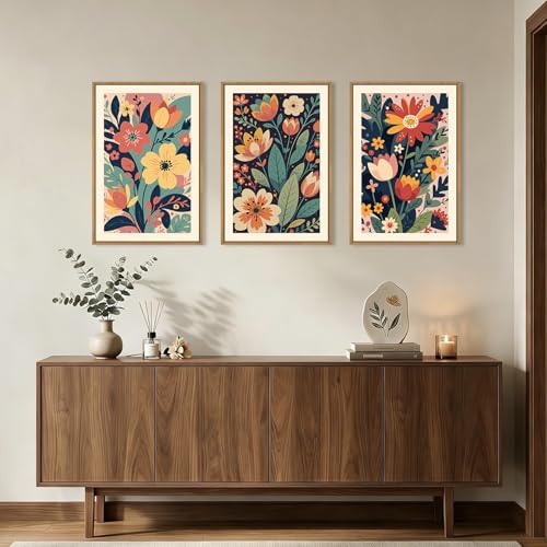Image of KAIRNE Vintage Colorful Floral Framed Canvas Wall Art Set,Mid Century Modern Flower Wall Decor,Retro Wildflower Art Prints,Boho Botanical Artwork for Living Room,Bedroom,Farmhouse,Office-16 x24 x3