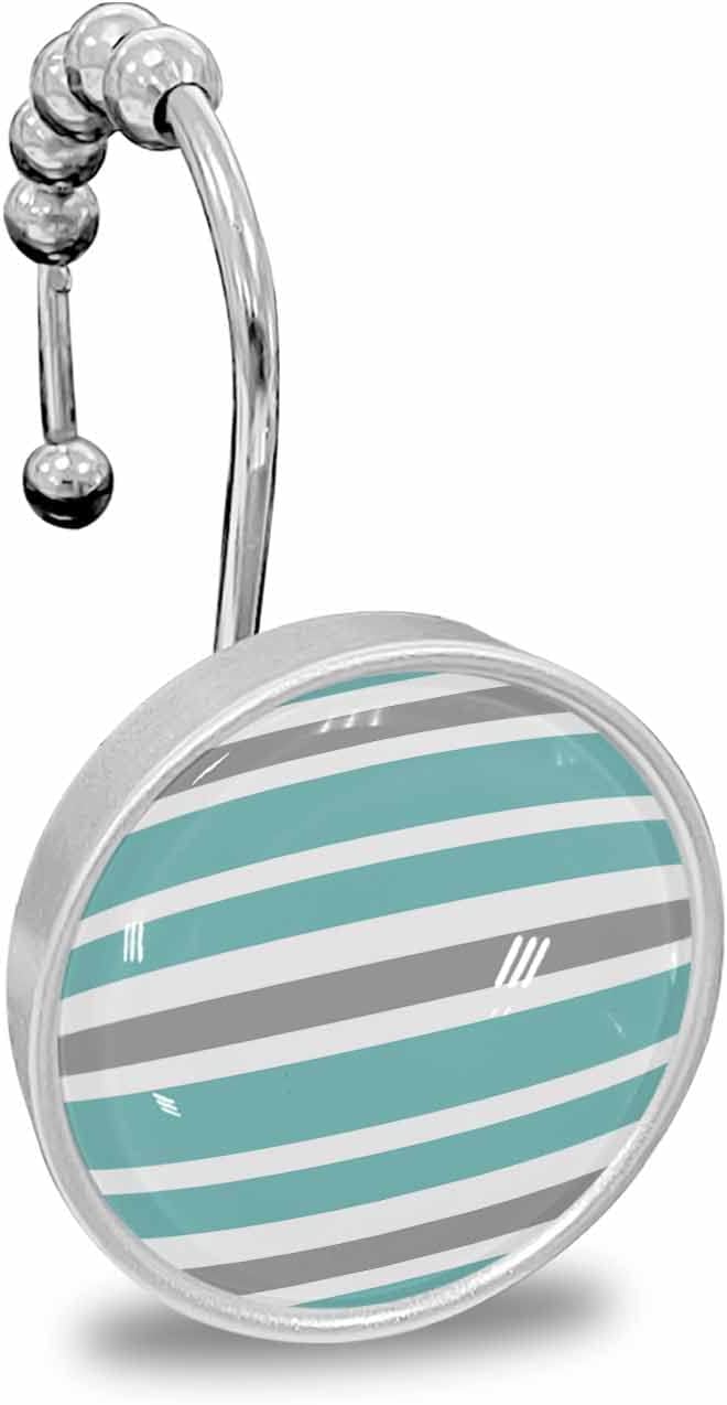 Shower Curtain Hooks Set of 12 Cyan Turquoise Gray White Geometric Stripes Crystal Glass Shower Curtain Rings for Bathroom Decorative Stainless Steel Rust Proof Roller Shower Curtain Hangers