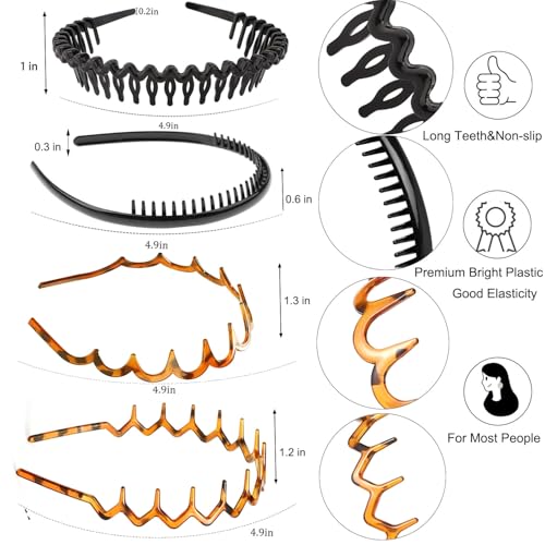 Image of ULTIMUTE 8 PCS Fashion Effortless Plastic Headbands with Teeth Comb Black Skinny Headbands No Slip Hair Accessories Bands for Women Men Teen Girls, Leopard&Bright Black