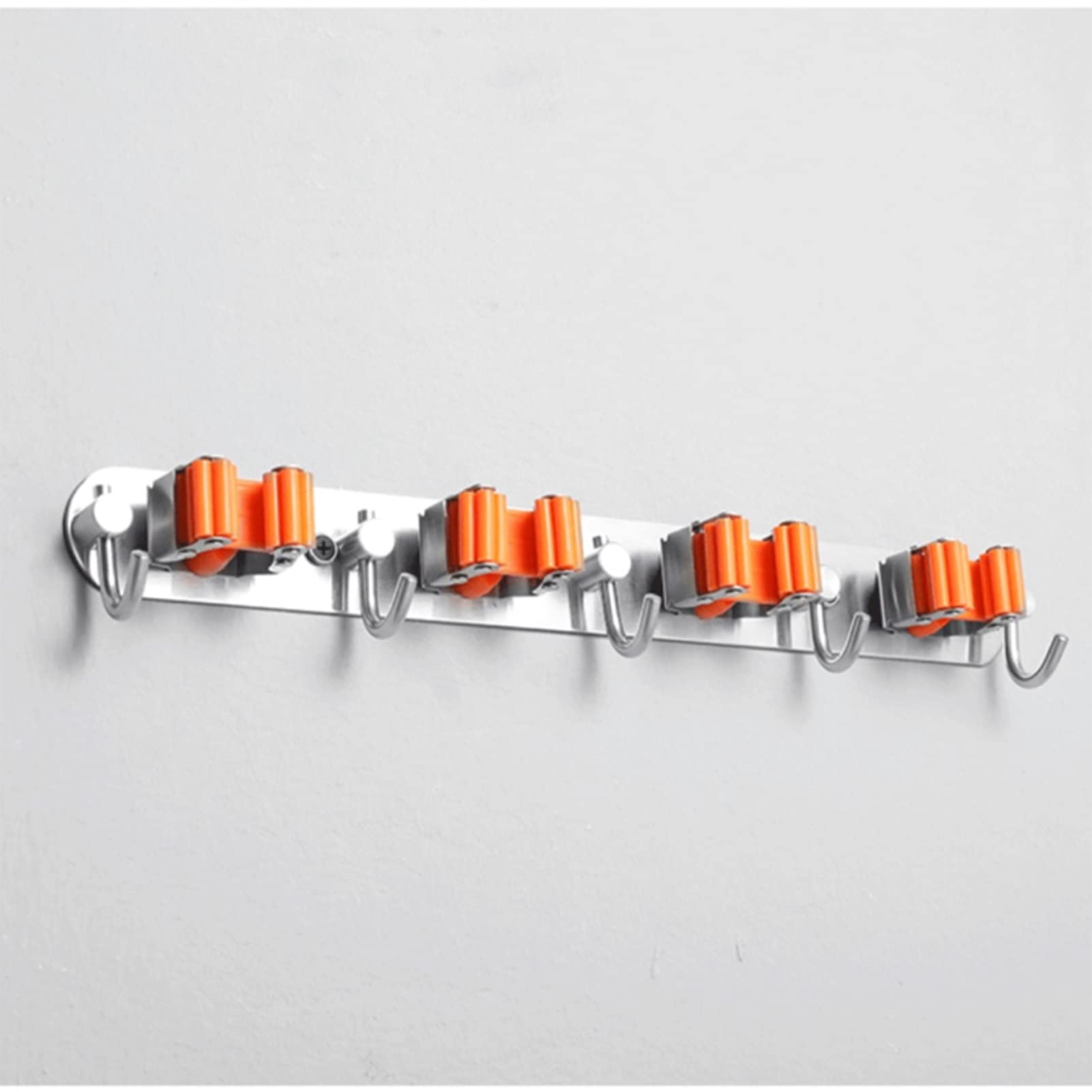 Wischbesenhalter zur Wandmontage mit 4 Halterungen und 5 Haken, robuster Besenhalter, Selbstklebender Moppständer, Besen-Organizer aus Aluminium