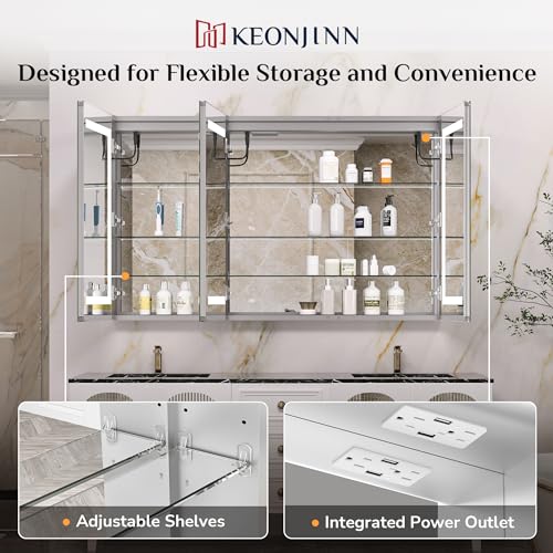 Keonjinn 16 X 24 Inch Lighted Medicine Cabinet For Bathroom With Led Mirror & Electrical Outlet Adjustable Shelves 3 Color Lights Frontlit Anti-Fog Dimmable Recessed Wall Mount For Bathroom Storage thumb #4