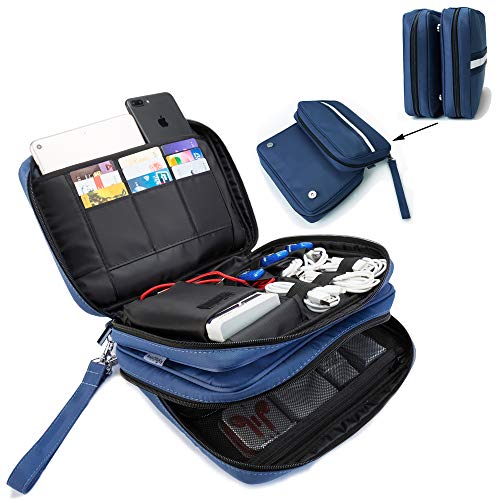 FLYINGCOLORS Electronic Organizer Double Layer Detachable Universal Waterproof Travel Cable Case Cord Accessories Storage Bag for Cable, iPad, Phone, Charger, USB, SD Card (Blue)