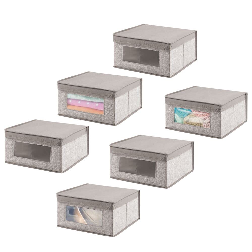 mDesign Medium Fabric Stackable Closet Storage Organizer Box with Front Window/Lid for Bedroom, Office, Mudroom Organization, Hold Clothes, Blankets, Linens, Lido Collection, 6 Pack, Linen/Tan