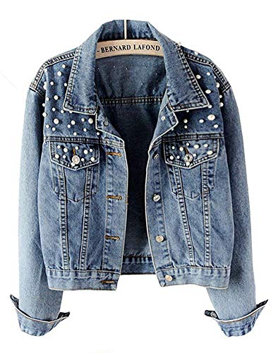 CYSTYLE Neue Damen Jeansjacke Übergangsjacke Leichte Jacke Denim Casual mit Perle Cover