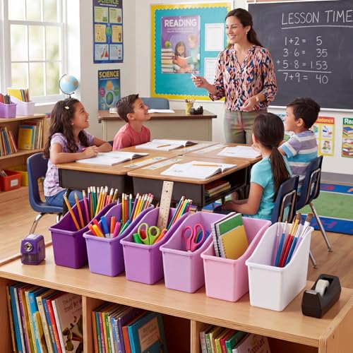 Image of Geetery Plastic Book Bins for Classroom, 12 Pcs, Purple Color Series