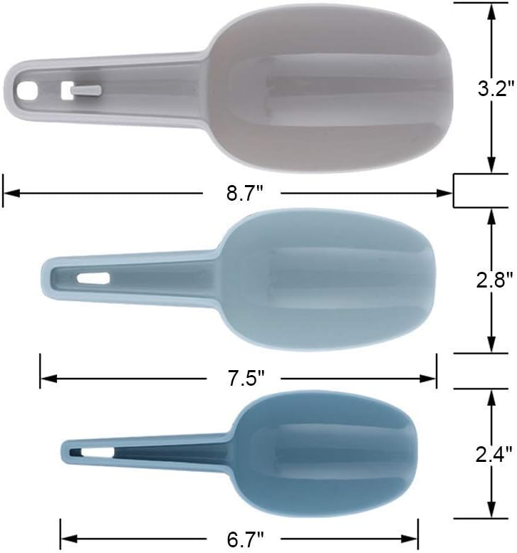 Ice Scoop Set of 3, Multi-purpose Plastic Kitchen Scoops Bar Scooper for Canisters, Flour, Powders, Dry Foods, Candy, Pop Corn, Coffee Beans and Pet Food