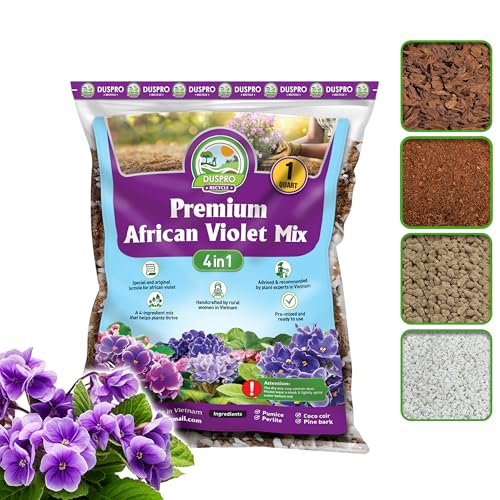 DUSPRO Premium 4-in-1 African Violet Potting Soil African Violet Soil Blend with Perlite Coco Peat Pumice Pine Bark for Optimal Moisture Retention & Drainage 1QT