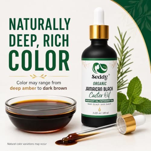 Image of Seddy Organic Jamaican Black Castor Oil with Rosemary & Peppermint - Cold-Pressed, Hexane-Free Hair Growth & Scalp Treatment Oil for Thicker, Stronger Hair, Edges & Beard - 3.4 fl oz