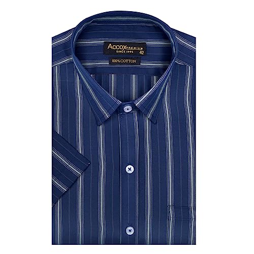 Image of ACCOX Men's Cotton Half Sleeves Dark Striped Regular Fit Formal Shirt for Men