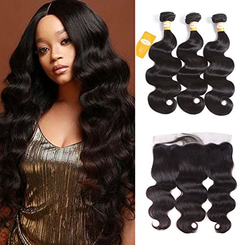 Ossilee Hair Lace Frontal with Bundles Malaysian Body Wave Human Hair with Frontal 10A Malaysian Virgin Hair Body Wave 3 Bundles with Lace Frontal Closure (20 22 24+18frontal, Natural Color)