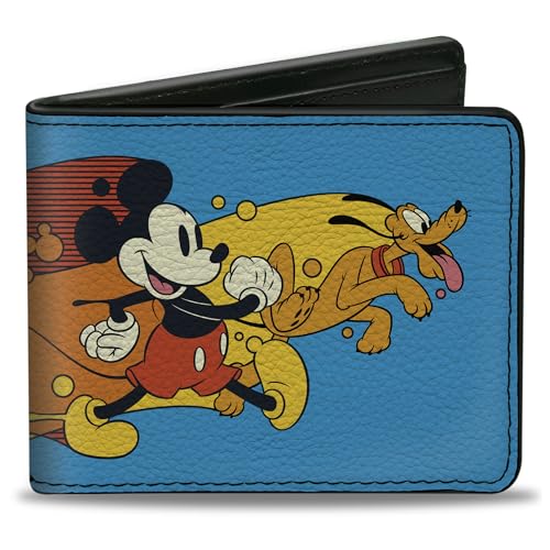 Buckle-Down Men's Disney Wallet, Bifold, Mouse and Pluto Action Wave Pose Multi Color, Vegan Leather, Mickey and Friends, 4.0