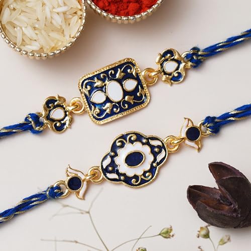 Image of eCraftIndia Set of 2 Blue & Golden Designer Rakhis, Best Bro Ever Fridge Magnet with Roli Chawal Pack - Rakhis for Brother, Bhabhi, Kids
