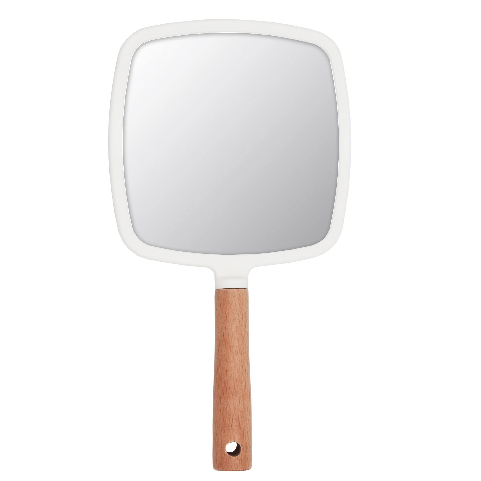 Eaoundm Espejo de mano para maquillaje, pequeño espejo de mano de madera portátil espejo de tocador de viaje para hombres y mujeres (blanco cuadrado)