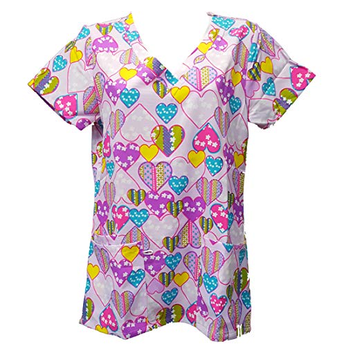 DSF Uniforms V-Neck Stretch Scrub Top, Purple Blooming Hearts, XL