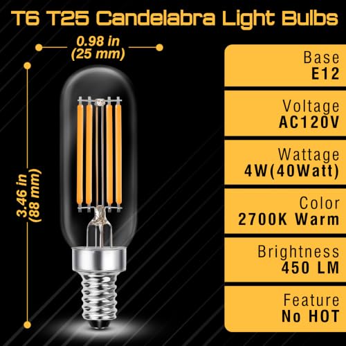 Image of E12 Candelabra Light Bulbs 40W, T25 Edison LED Bulbs Warm White 2700K, 2Pcs | E12 Vintage Filament Light Bulbs for Himalayan Salt Lamps & Baskets, Chandelier, Ceiling Fan|T6 LED Bulb Clear Glass|4W 450LM