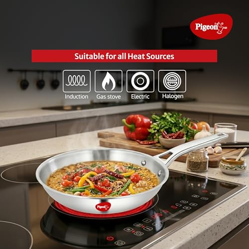 Image of Pigeon Elite Stainless Steel Triply 4 Pcs Gift Set - 22cm (2L) Kadai, 22cm (1L) Frypan and 14cm (1.1L) Saucepan, Less Oil Use, Easy to Clean - Induction and Gas Stove Compatible - Silver