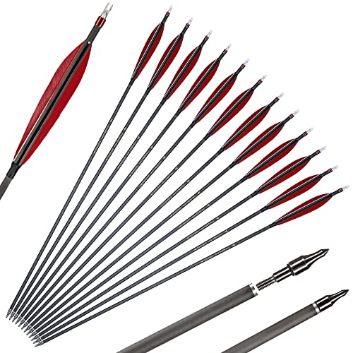 Toparchery Carbon Feather Arrows 30 Inch 350 Spine With 6Inch Real Feather Fletching Carbon Fiber Archery Hunting Arrows For Recurve & Compound Bow,Traditional Bows（12Pcs） #TOP8