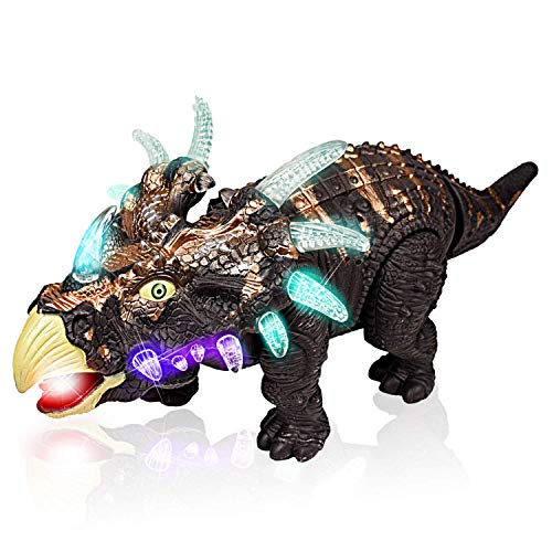 WolVol Walking Triceratops Dinosaur Toy Figure with Many Lights & Loud Roar Sounds, Real Movement (Battery Powered)