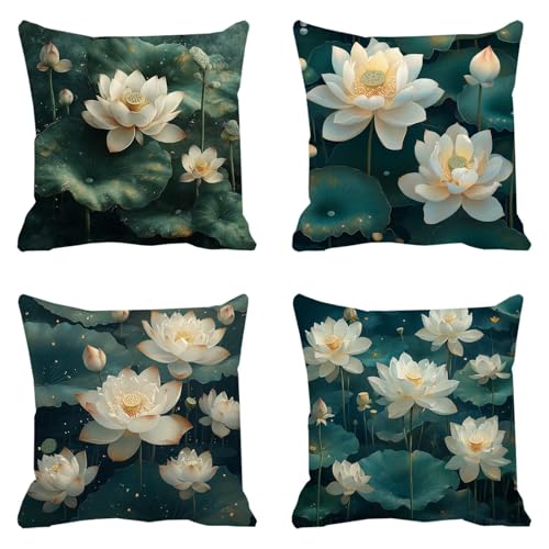 Funda Cojin 60x60 Blanco Modernos Decorativo Lino Fundas Cojines, Juego de 4 Loto Cushion Covers con Cremallera Invisible para Sala Estar Dormitorio Oficina Decorativos, Regalos para Mujeres C-9