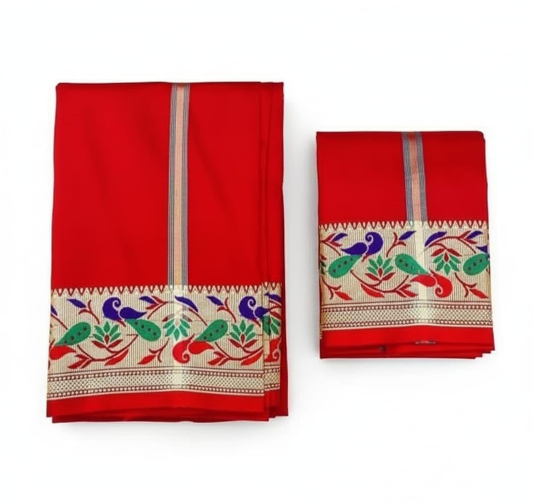 Traditional Peacock Silk Dhoti with Dupatta Decorative Bird Border, Handloom Woven-picture-48