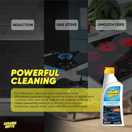 Cerama Bryte Glass Cooktop and Stove Top Cleaner Combo Kit - Includes Cleaning Tool, Razor, Scraper and 1 Pad to Remove Tough Stains - Use on Gas, Electric, Ceramic Surfaces, 10 Ounces, 4 Piece