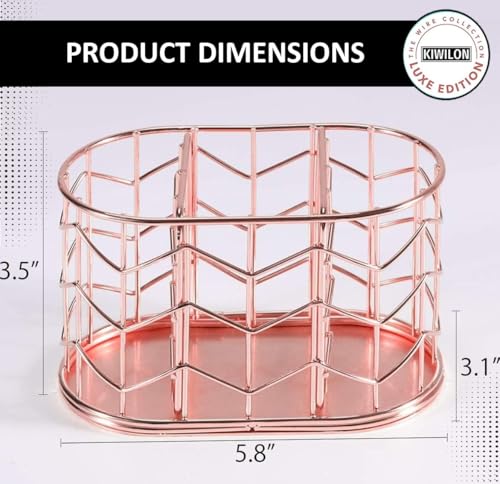 Image of 3 Compartment Desk Organizer | Multipurpose Metal Stationery Holder & Makeup Brush Stand | Electroplated Iron Storage Basket for Office & Vanity (Rose Gold)