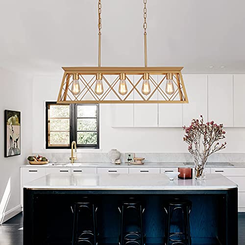 Q&S Modern Farmhouse Chandelier Light Fixtures,5-Lights Gold Linear Industrial Light Fixtures For Kitchen Island Bar Dining Table Ul Listed #TOP7