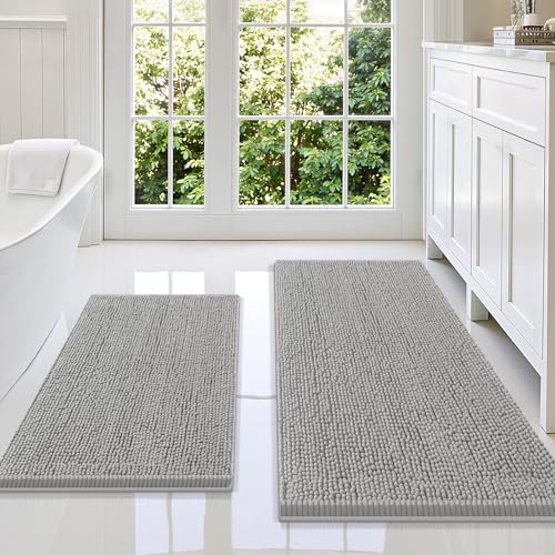 Image of Smiry Bathroom Rugs Sets 2 Piece, Soft Absorbent Chenille Machine Washable Non Slip Shaggy Bath Rug Set for Tub, Shower, and Floor (47x20+30x20, Light Grey)