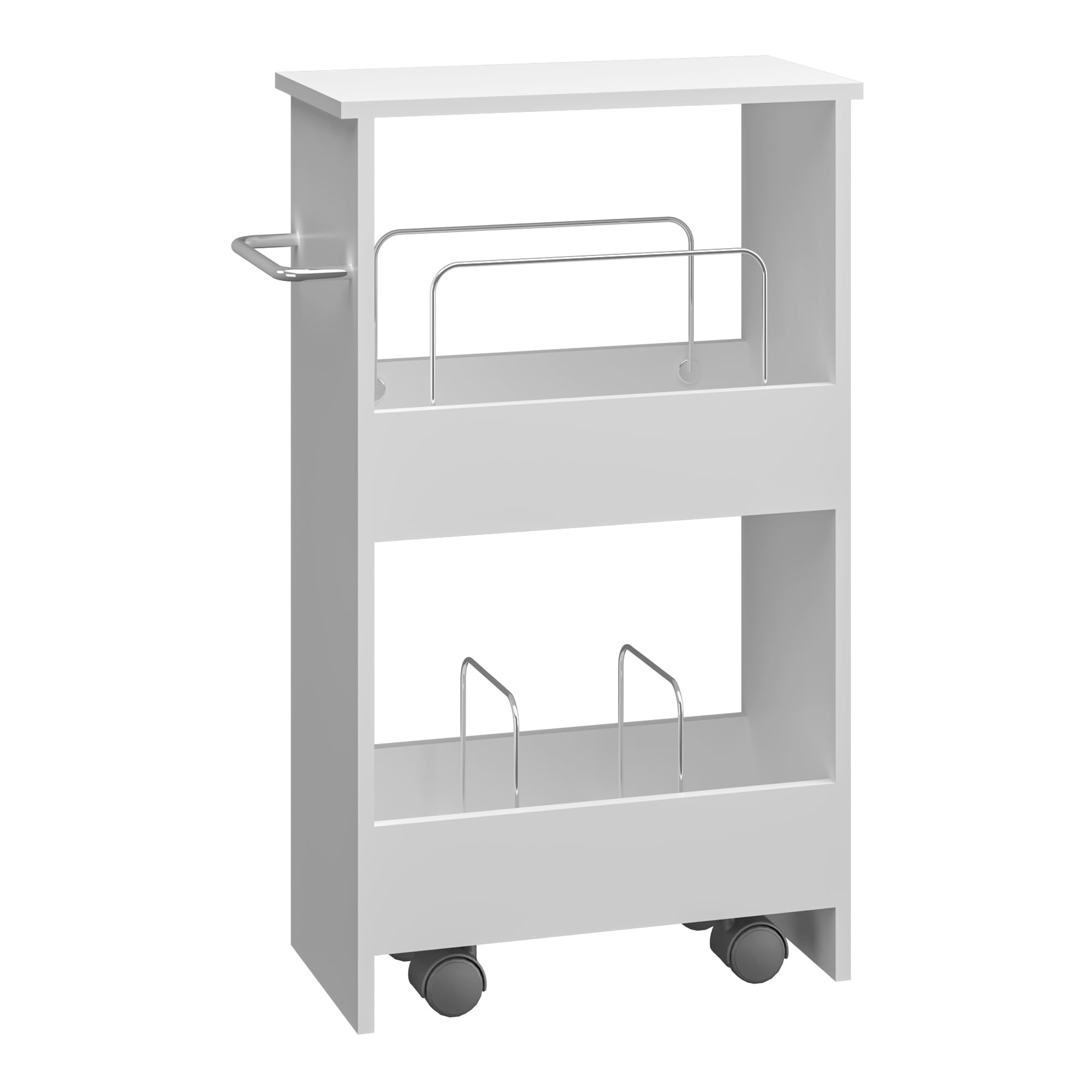 [en.casa] Carrito Auxiliar con Ruedas Katra con Barras Separadoras Mueble Baño de 2 Niveles Carro de Almacenamiento Cocina Fruteros de Cocina MDF 67 x 40 x 20 cm - Blanco