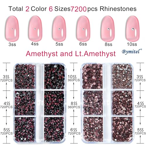 Image of Bymitel 7200 Pieces Lt.Amethyst and Amethyst Rhinestones Flat Back 6 Mixed Sizes Crystal Round Glass Gems with Tweezers and Picking Rhinestones Pen