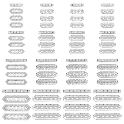 CRAFTYMELODY - 120 cuentas tachonadas (4 tamaños, pasadores metálicos, ovalados, enlaces rectangulares, plateados, 3 agujeros, espaciadores, conectores