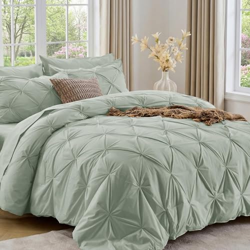 Image of Sasttie Queen Comforter Set, 7-Piece Bed in a Bag, Pintuck Bedding Set for All Season, Includes Comforter, Flat Sheet, Fitted Sheet, Pillowcases and Pillowshams, Dusty Green