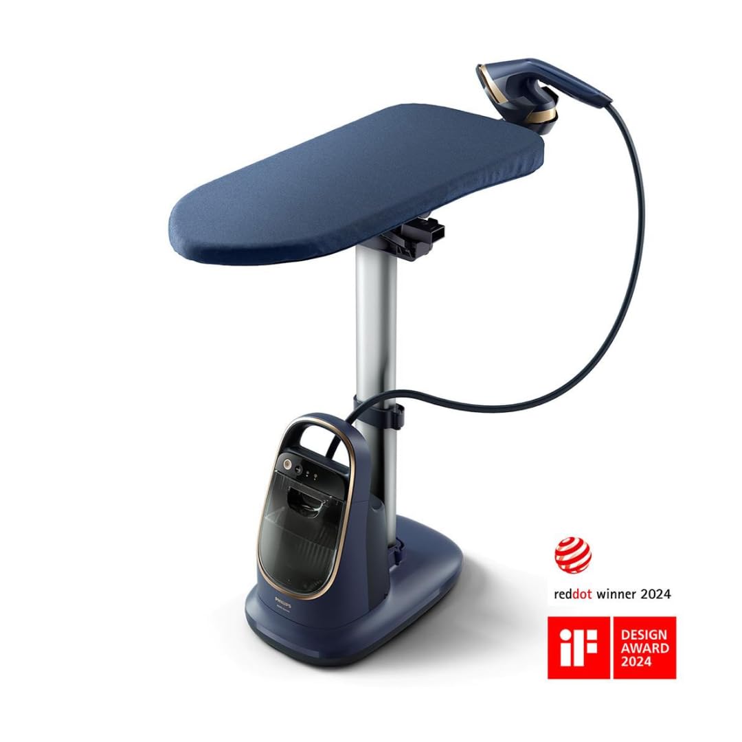 Philips All-in-One Zestaw do Prasowania 8500 – Deska z Regulacją Kąta, Technologia OptimalTEMP, Odłączana Podstawa, Zabija 99,9% Bakterii i Roztoczy, Ciemnoniebieski (AIS8530/20)