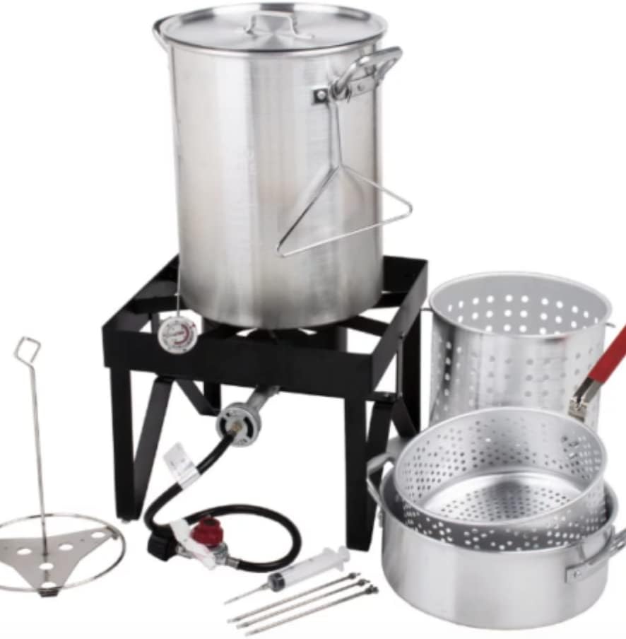 COLIBROX Backyard Pro Deluxe 30 qt Aluminum Turkey Fryer Steamer Kit | 55000 BTU Cast Iron Liquid Burner | for Barbecues Fair Clam Bake Pot Heavy Duty 20lbs Capacity | Ideal for Outdoor Propane Coo